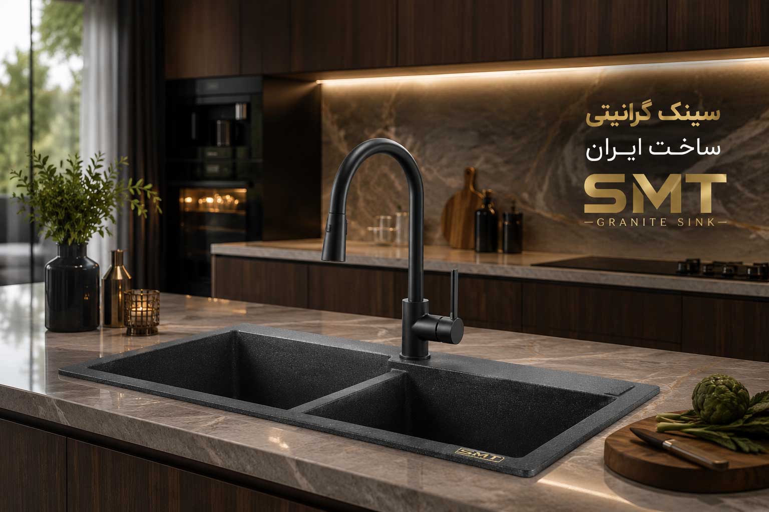 سینک گرانیتی ایرانی نصب شده روی کابینت آشپزخانه